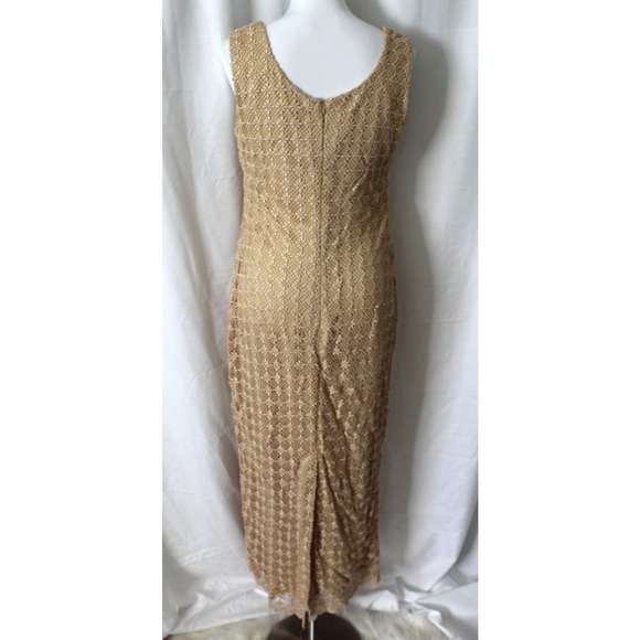 Vintage Handmade Crochet Floral Lace Midi Dress Champagne Beige Large - Picture 3 of 6
